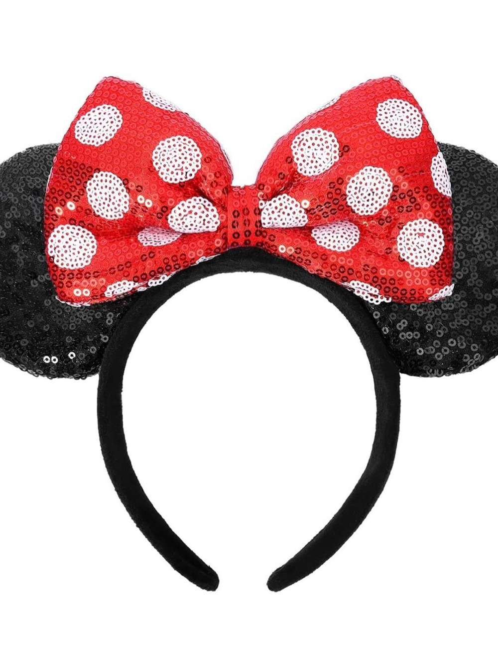 Sequin Minnie Ear Headband with Red Polka Dot Bow